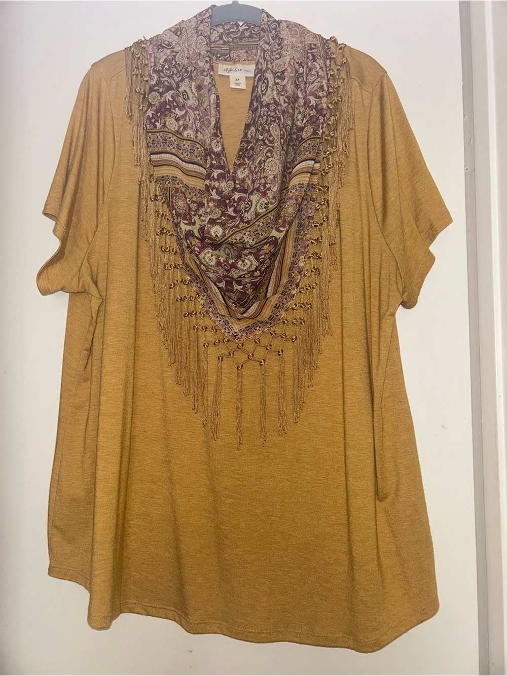 Macy’s Style & Co Mustard Short Sleeve Tunic with Beaded Paisley Scarf